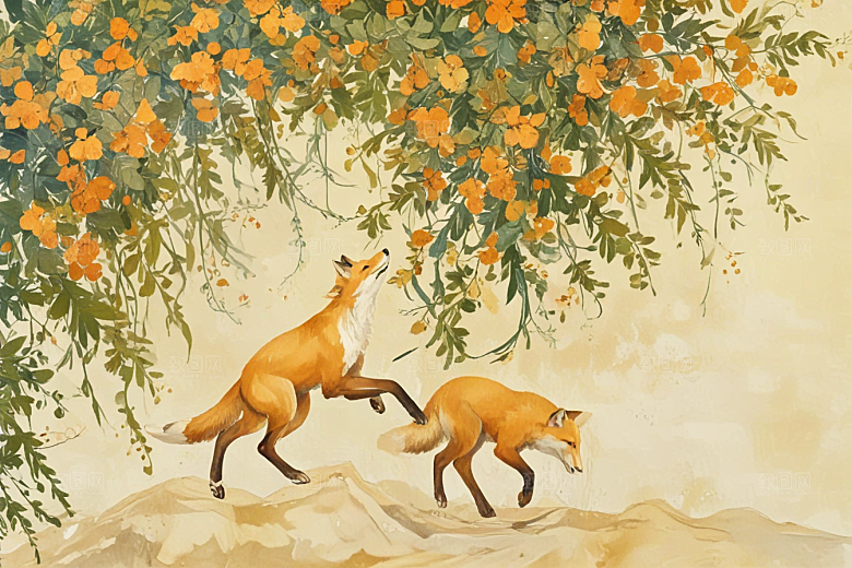 两只狐狸跳起摘果子插画图片