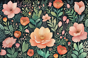 复古水彩花卉墙纸图片