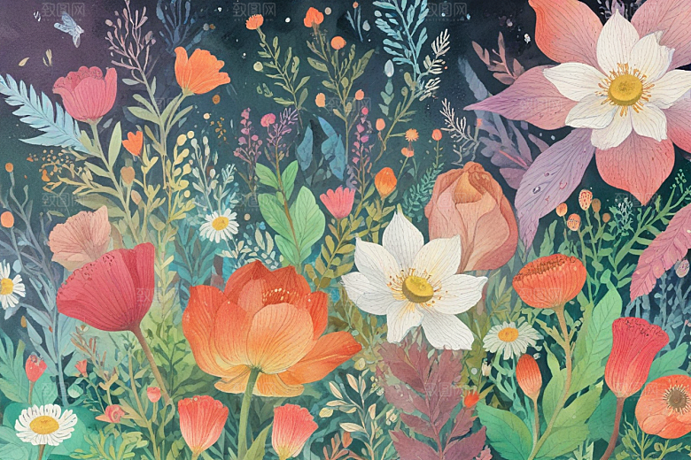 复古水彩花卉墙纸图片