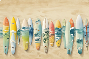 冲浪板色彩斑斓热带风情海洋元素