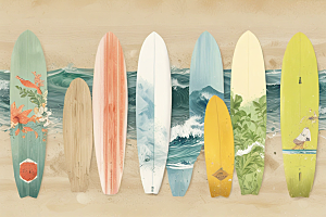 冲浪板色彩斑斓热带风情海洋元素