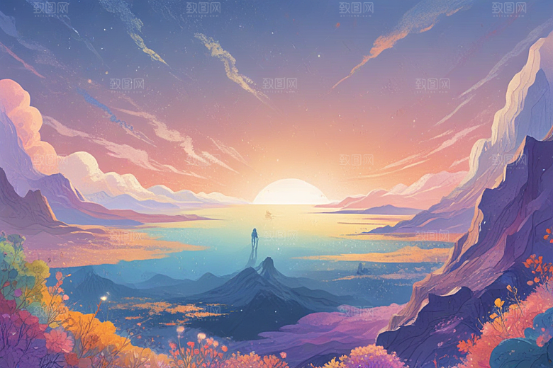浪漫海岸线风景插画作品图片
