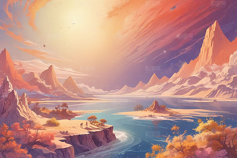 浪漫海岸线风景插画作品图片