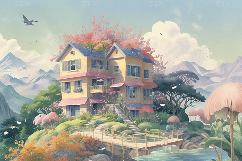 浪漫小镇日落风光插画图片