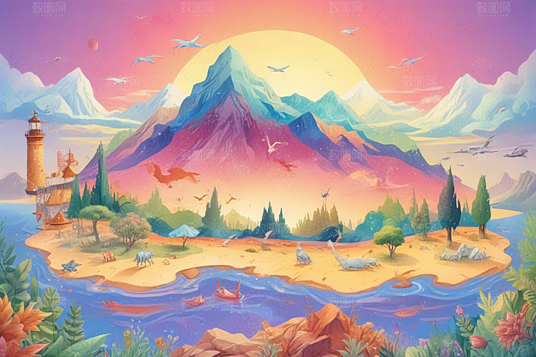 浪漫小镇日落风光插画图片