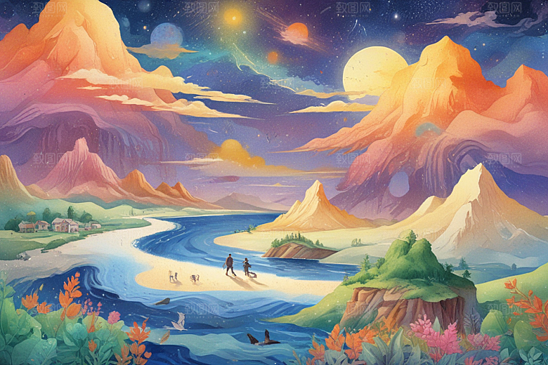 浪漫小镇日落风光插画图片