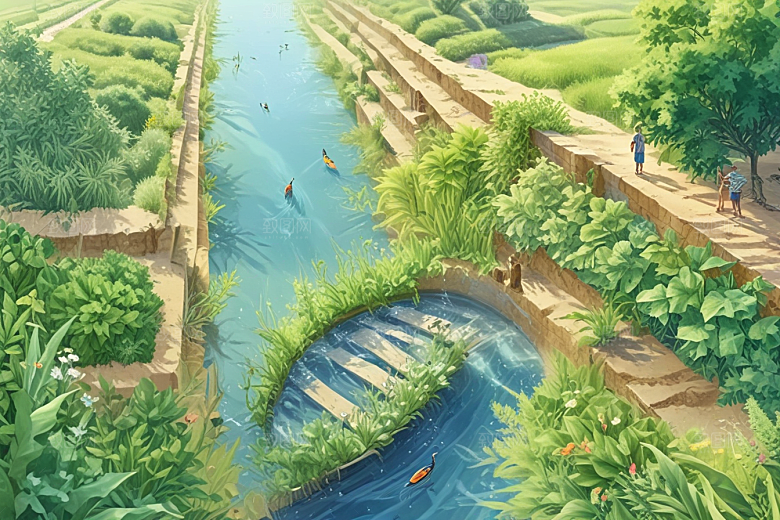 田园风光秀丽河流穿插其中图片