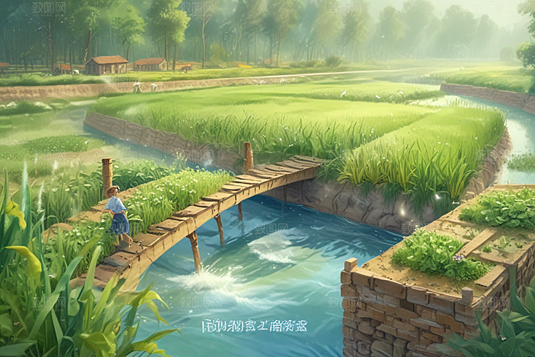 田园风光秀丽河流穿插其中图片