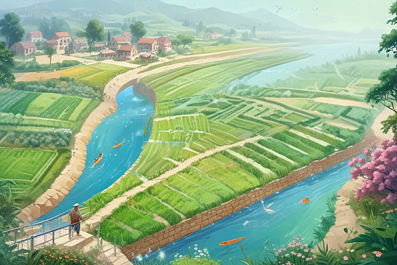 田园风光秀丽河流穿插其中图片