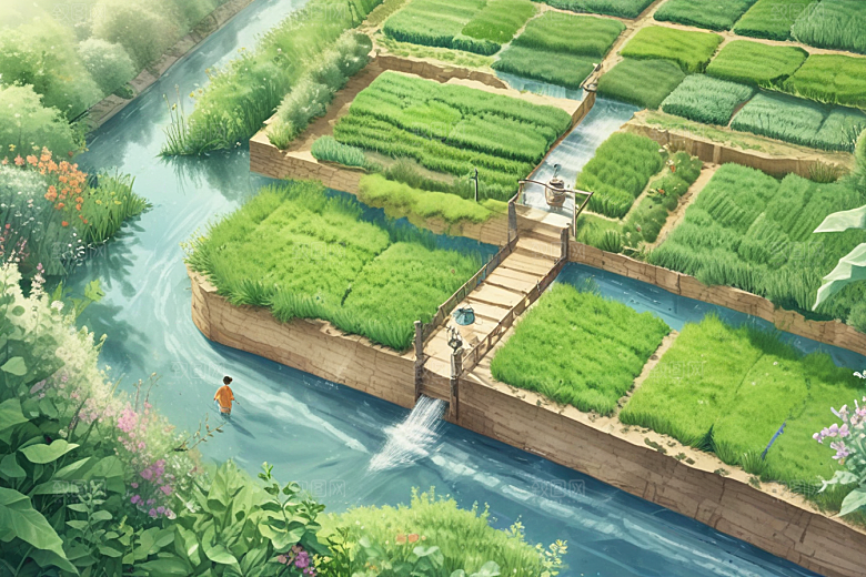 田园风光秀丽河流穿插其中图片