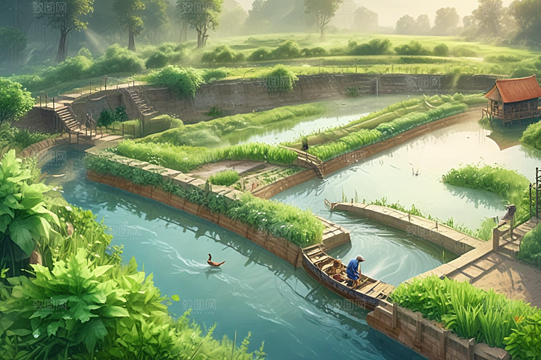田园风光秀丽河流穿插其中图片