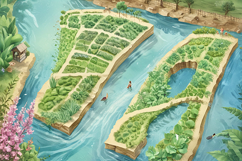 田园风光秀丽河流穿插其中图片