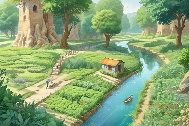田园风光秀丽河流穿插其中图片