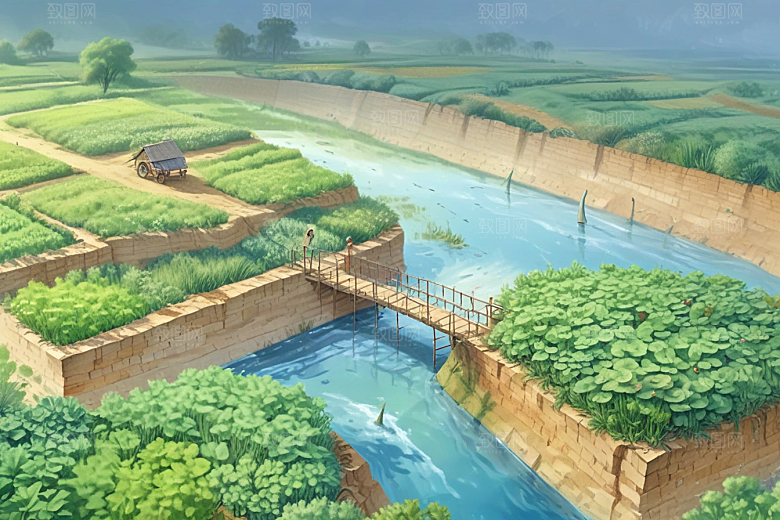 田园风光秀丽河流穿插其中图片
