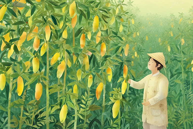图中描绘了一幅田园风光的画卷，图片