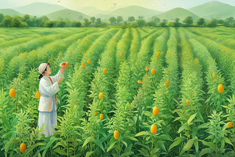 图中描绘了一幅田园风光的画卷，图片