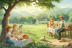 温馨森林家族野餐时光图片