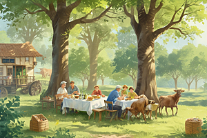 温馨森林家族野餐时光图片