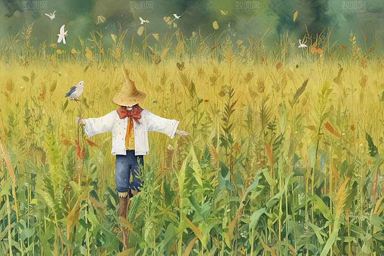 稻草人守望稻田图片