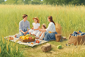 家庭麦田野餐温馨时刻图片
