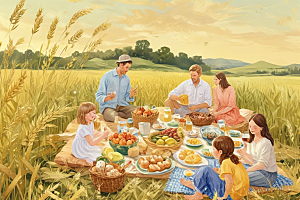 家庭麦田野餐温馨时刻图片