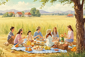 晨光水彩广角金色麦田家庭野餐