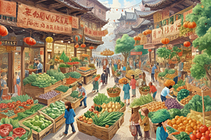 古城镇热闹非凡菜市场图片