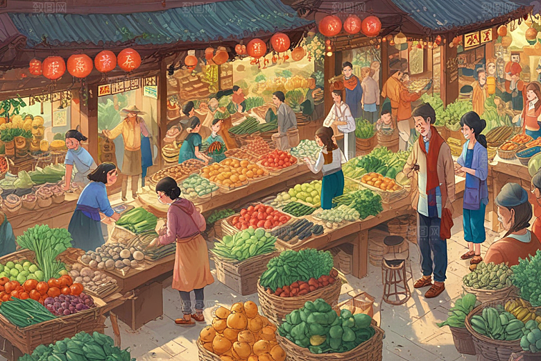 古城镇热闹非凡菜市场图片