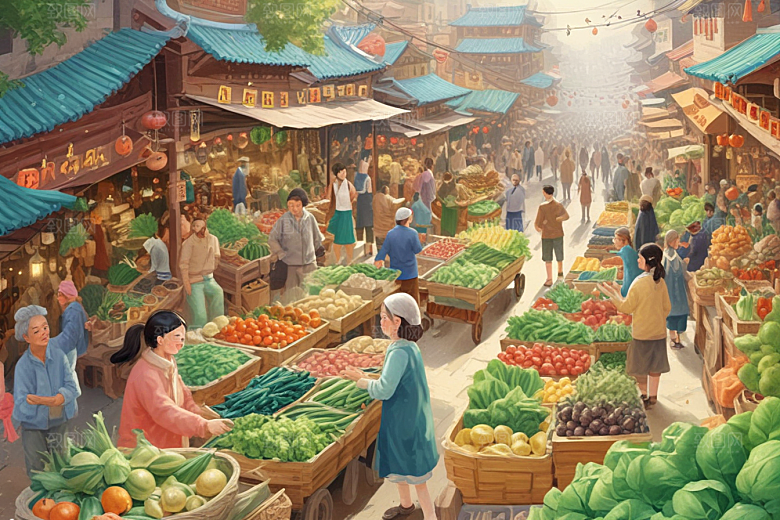 古城镇热闹非凡菜市场图片