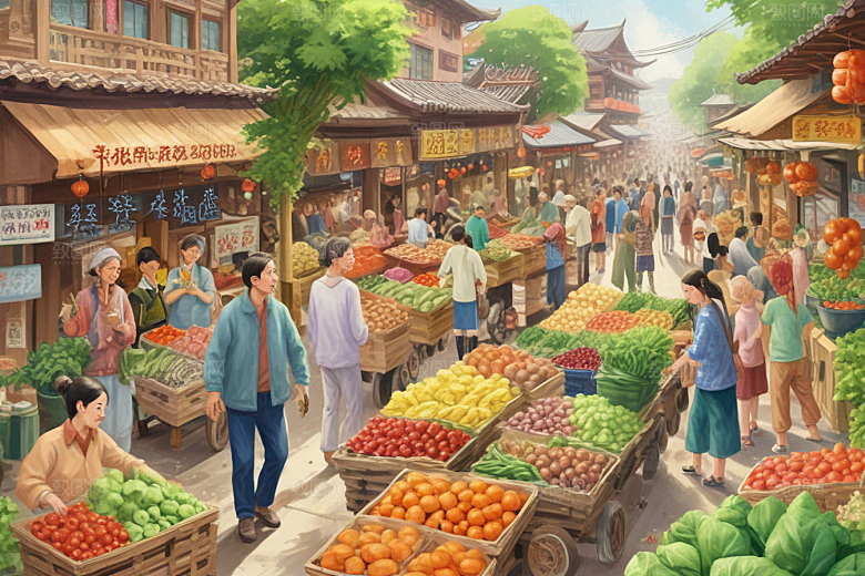 古城镇热闹非凡菜市场图片