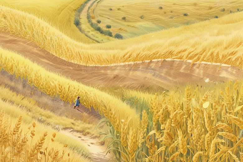 阳光麦田风景画图片