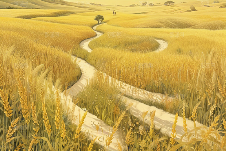 阳光麦田风景画图片