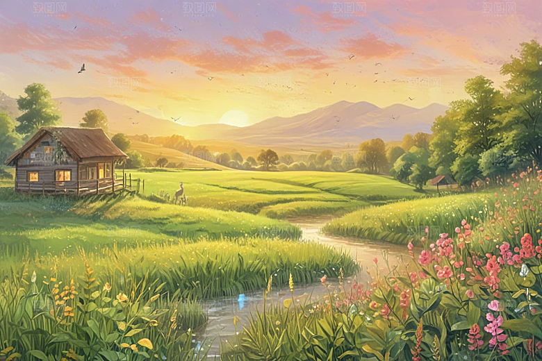 清晨阳光乡村田园风光图片