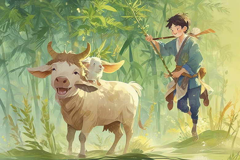 少年牛田园风光画卷图片