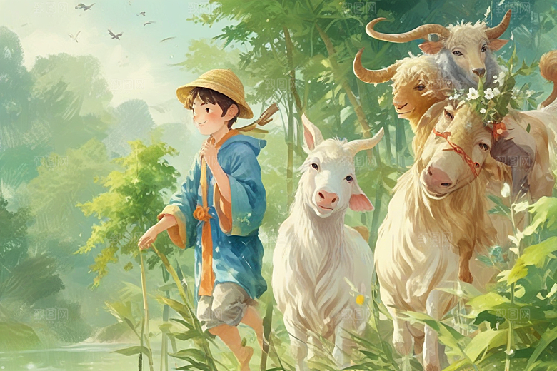 少年牛田园风光画卷图片