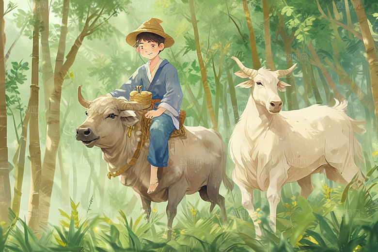 少年牛田园风光画卷图片