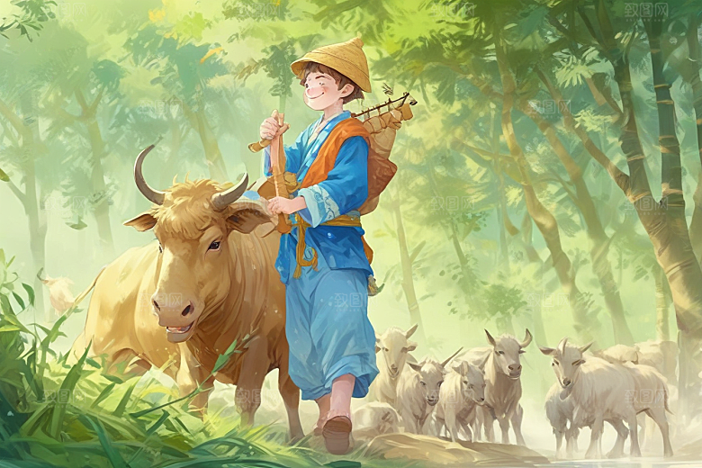 少年牛田园风光画卷图片