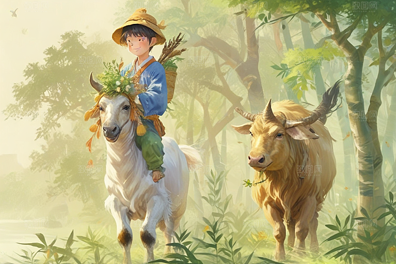 少年牛田园风光画卷图片