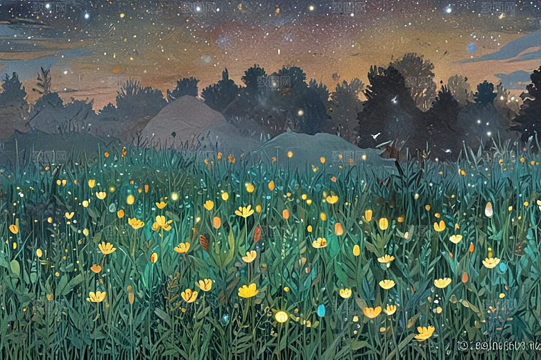 夜幕诗意山野草地图片