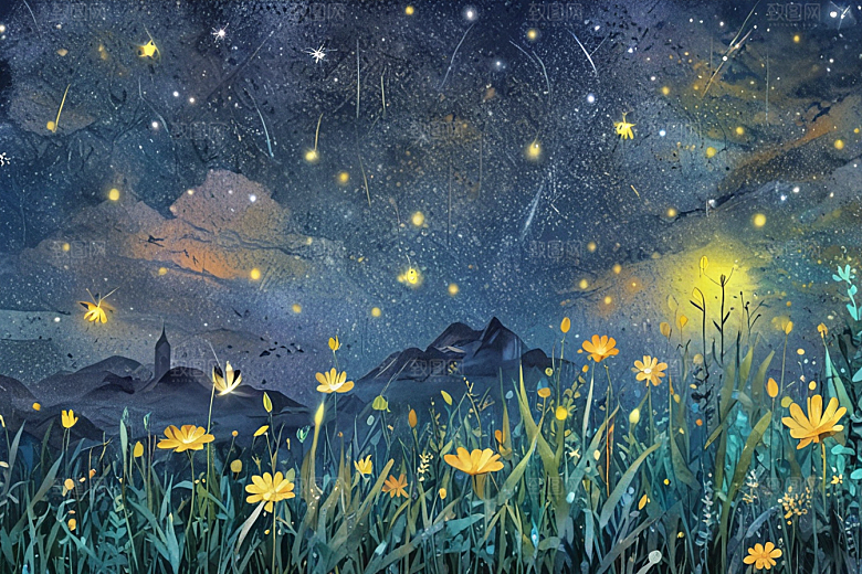 夜幕诗意山野草地图片