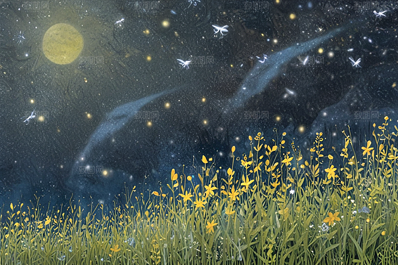 夜幕诗意山野草地图片
