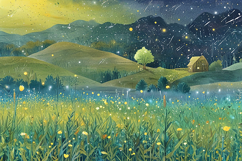 夜幕诗意山野草地图片