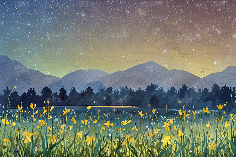 夜幕诗意山野草地图片
