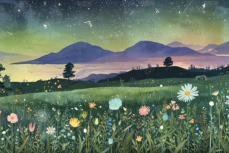 夜幕诗意山野草地图片