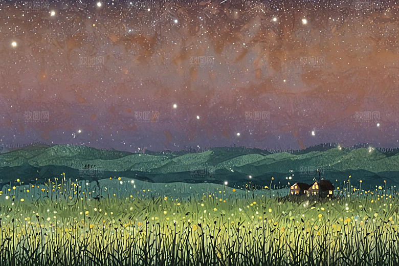 夜幕诗意山野草地图片