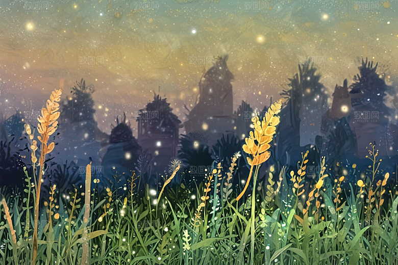 夜幕诗意山野草地图片