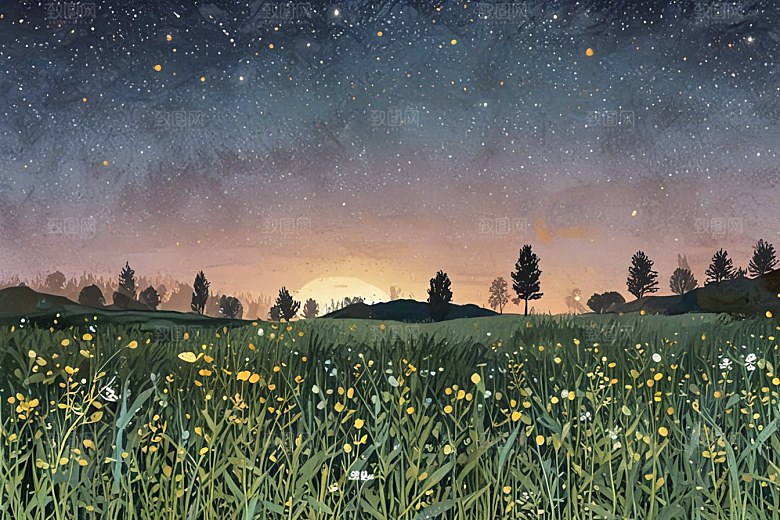 夜幕诗意山野草地图片