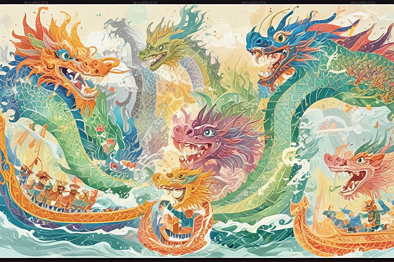 九子连环龙戏水国风手绘壁纸图片