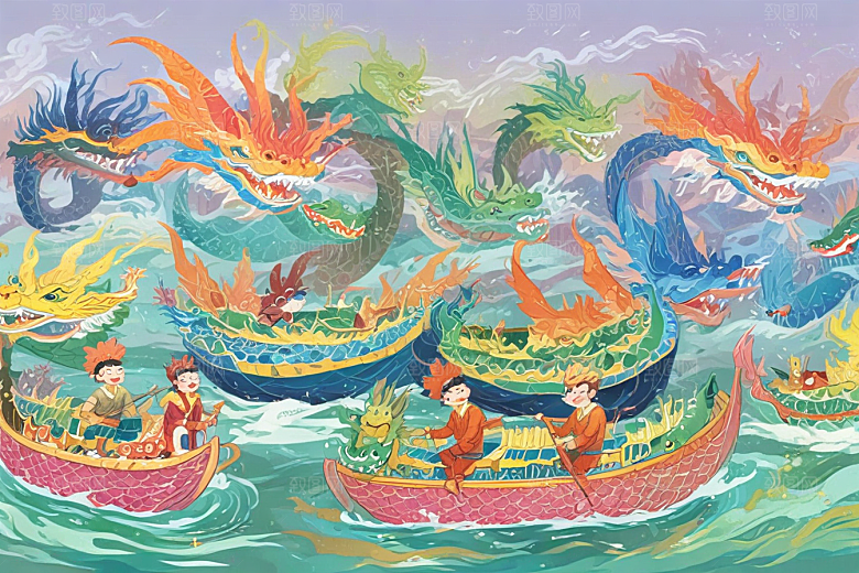 九子连环龙戏水国风手绘壁纸图片
