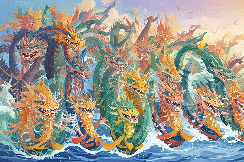 九子连环龙戏水国风手绘壁纸图片